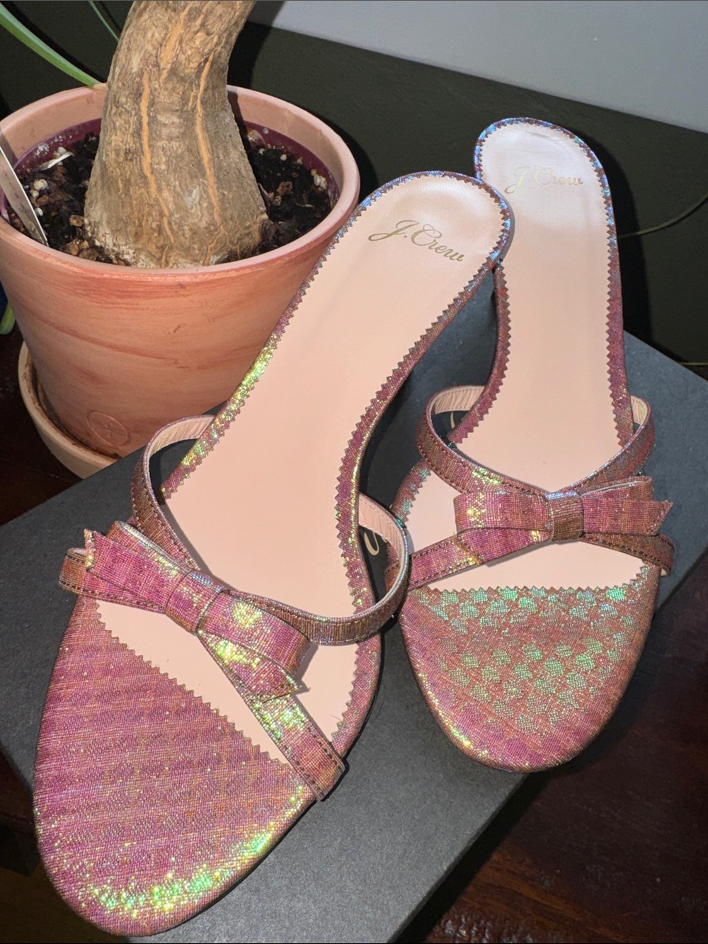 J. Crew Iridescent Pink Bow Slide Mules (NWT)
